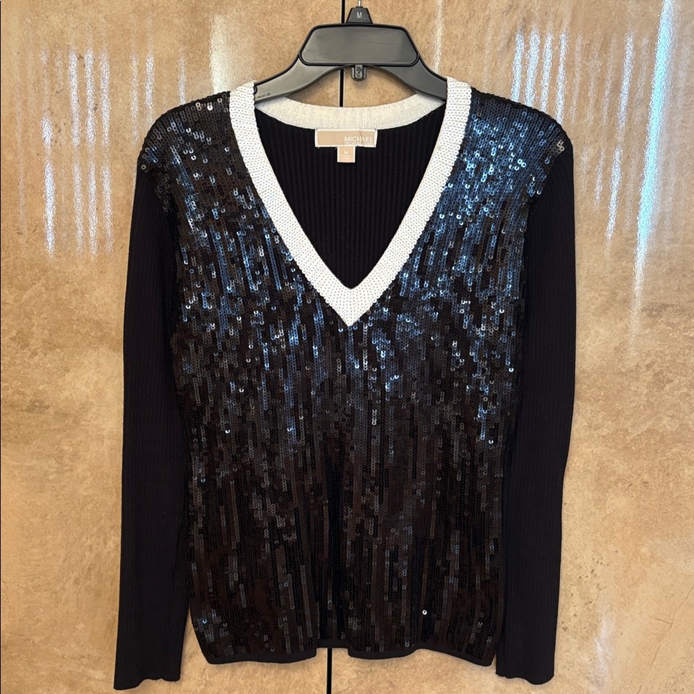 Michael Kors Black and Silver Sequin V-Neck Sweater